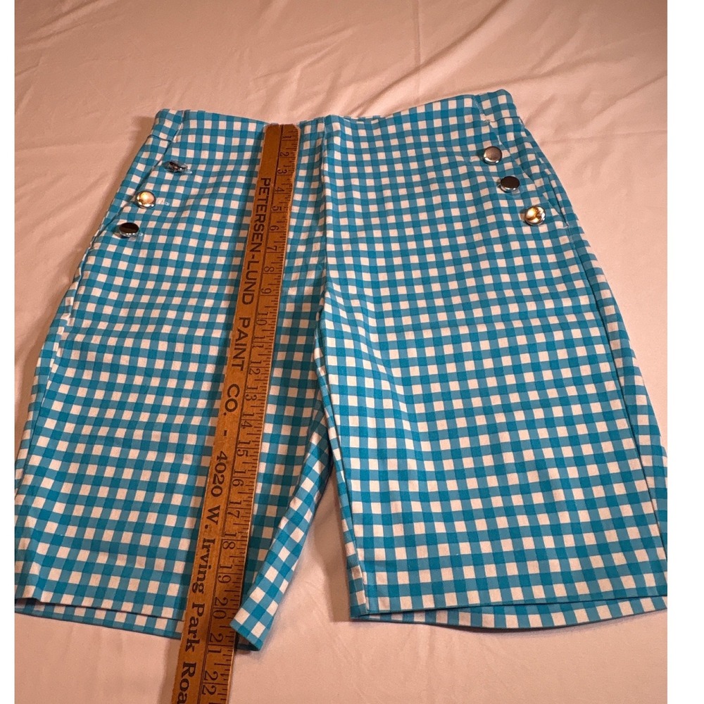Ava & Grace Petite Turquoise Gingham Sailor Shorts Silver Button High Rise PL - Picture 4 of 6